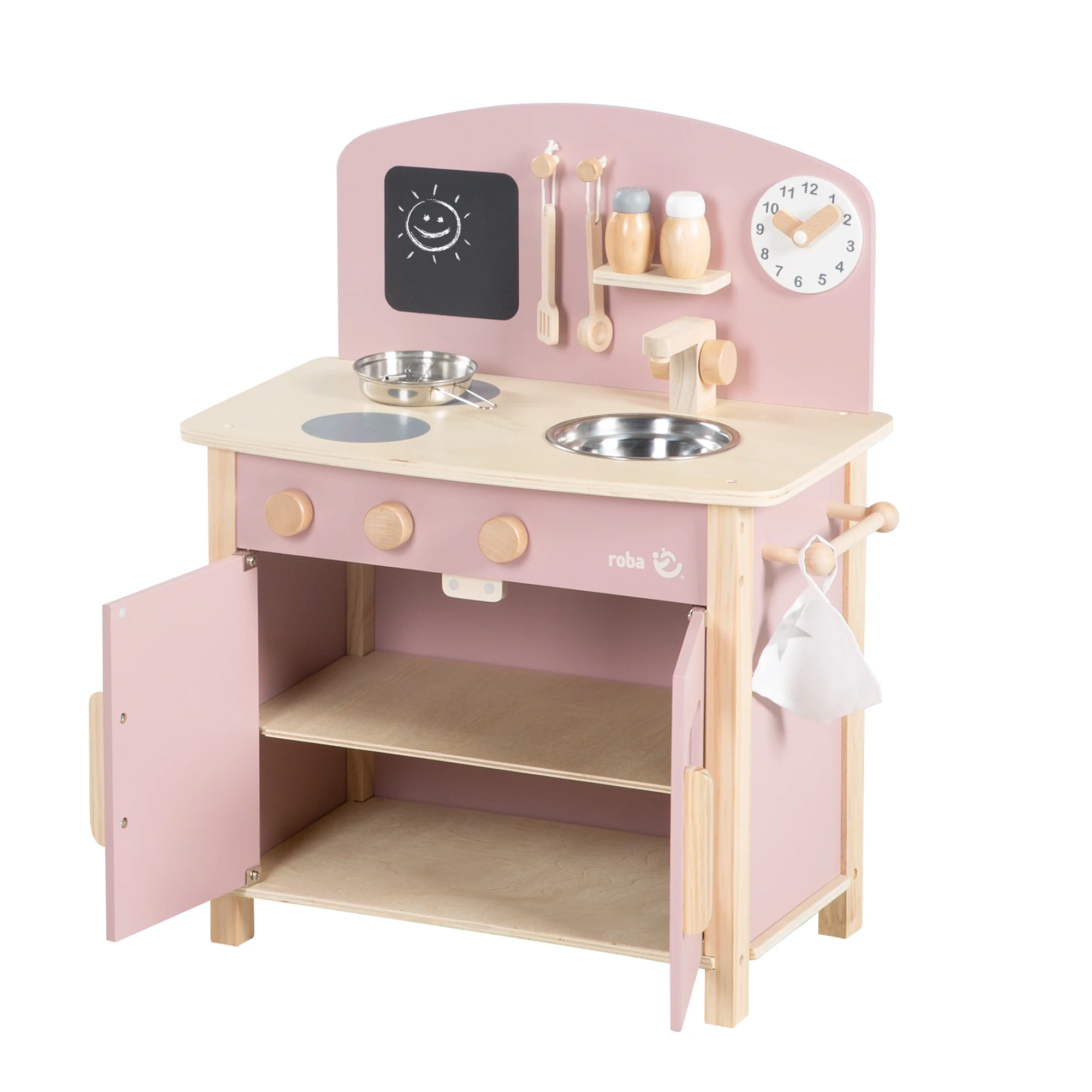 Spielküche weiß/natur/rosa mit 2 Kochstellen, Spüle, Wasserhahn & Zubehör - Image 6
