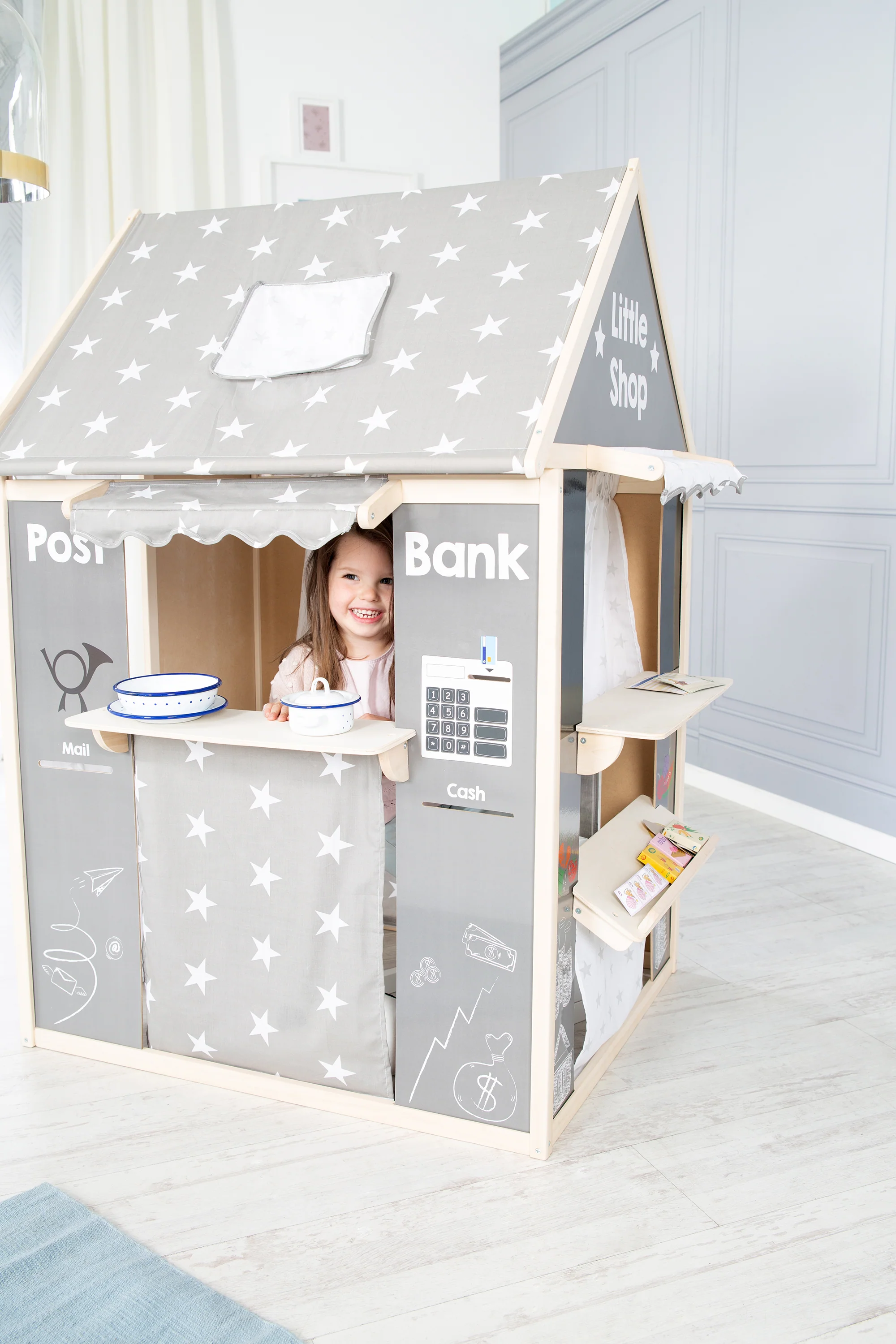 Spielhaus-Kombination, enthält Kaufladen, Kasperletheater, Tafel, Schalter für Post/Bank/Kiosk - Image 11