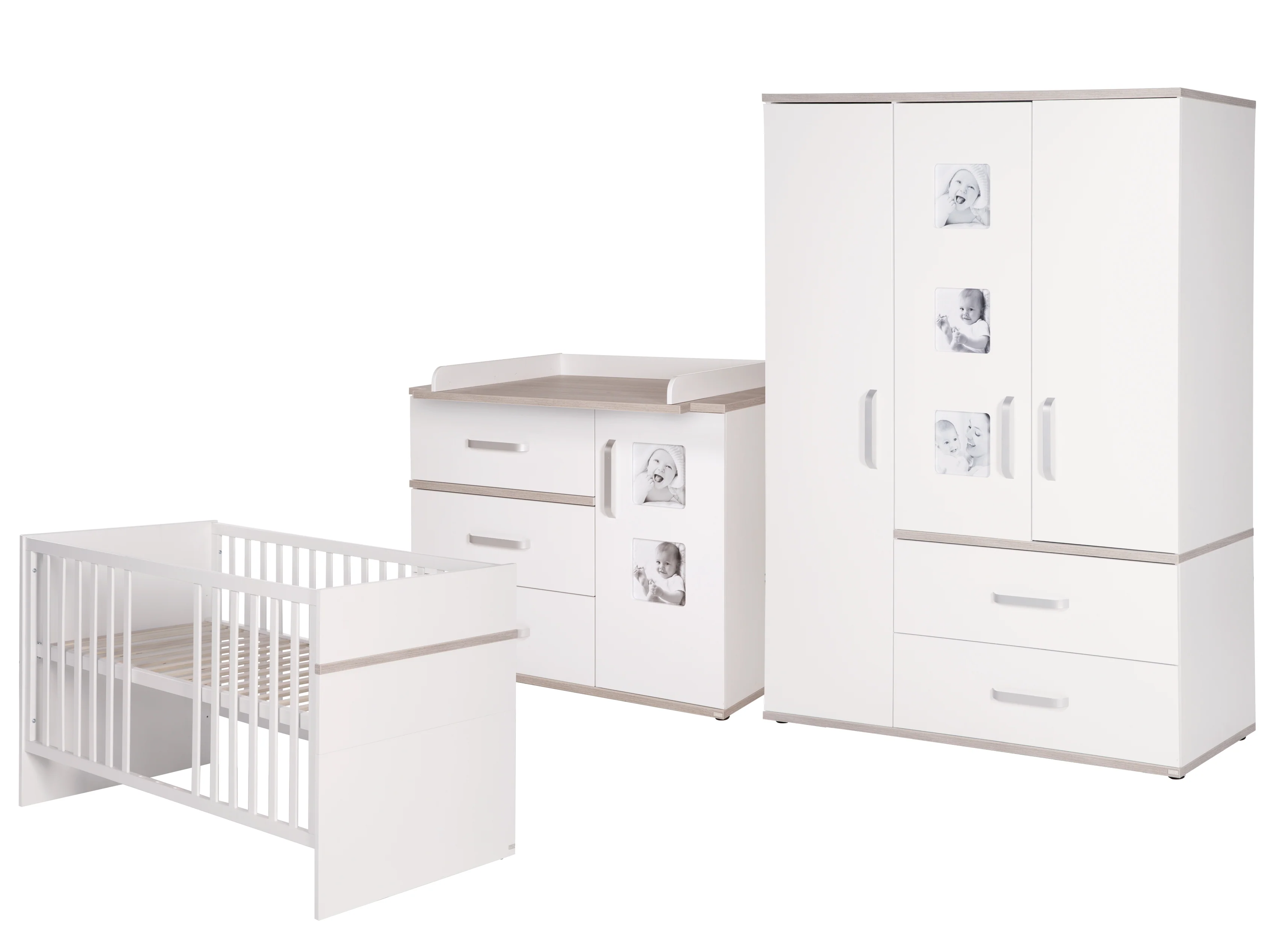 Kindermöbelset 'Moritz‘, 3-teilig, mit Kinderbett 70 x 140 cm, Wickelkommode breit & Schrank, weiß
