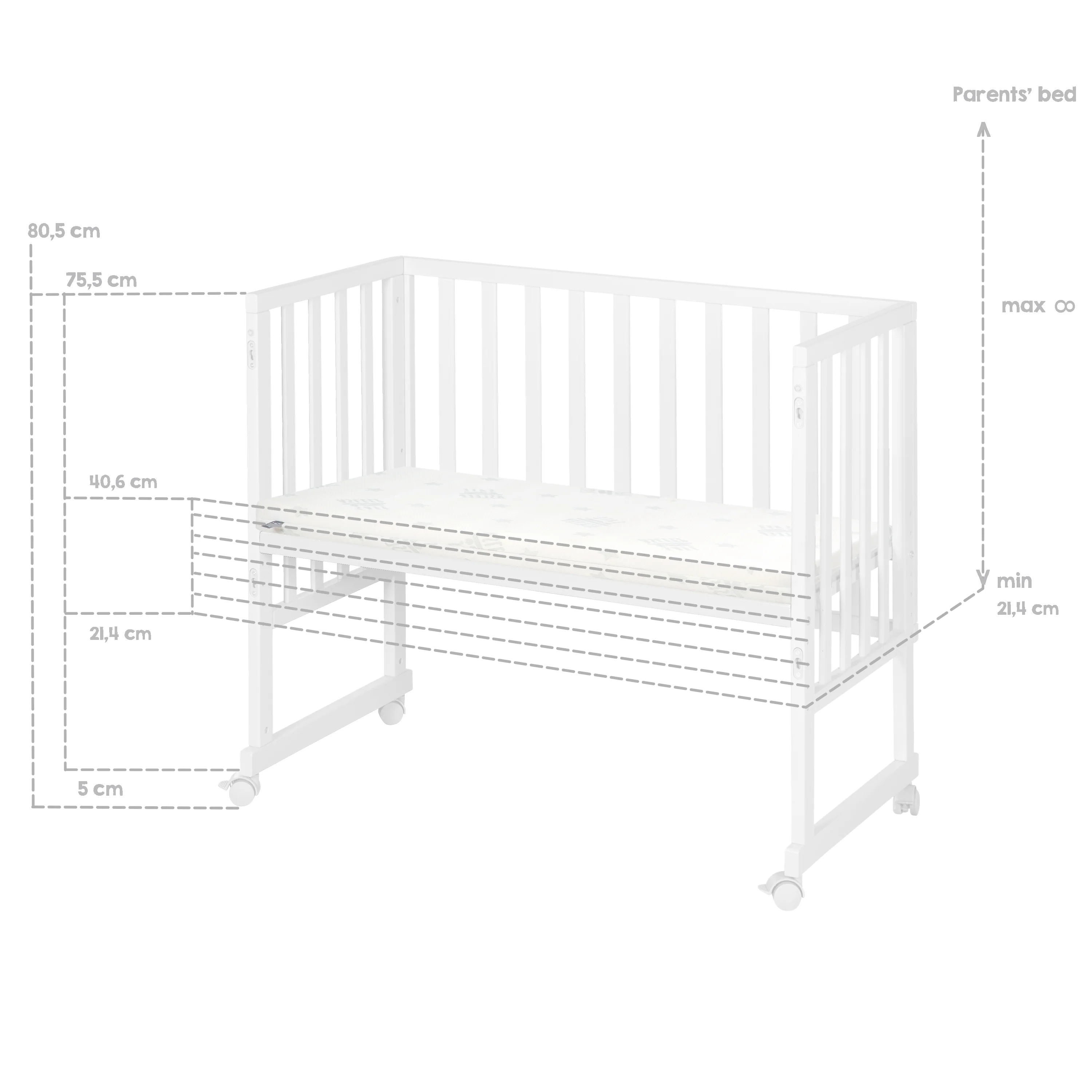 Stuben- & Beistellbett 3in1 mit Barriere + Matratze - Holz weiß - Image 17