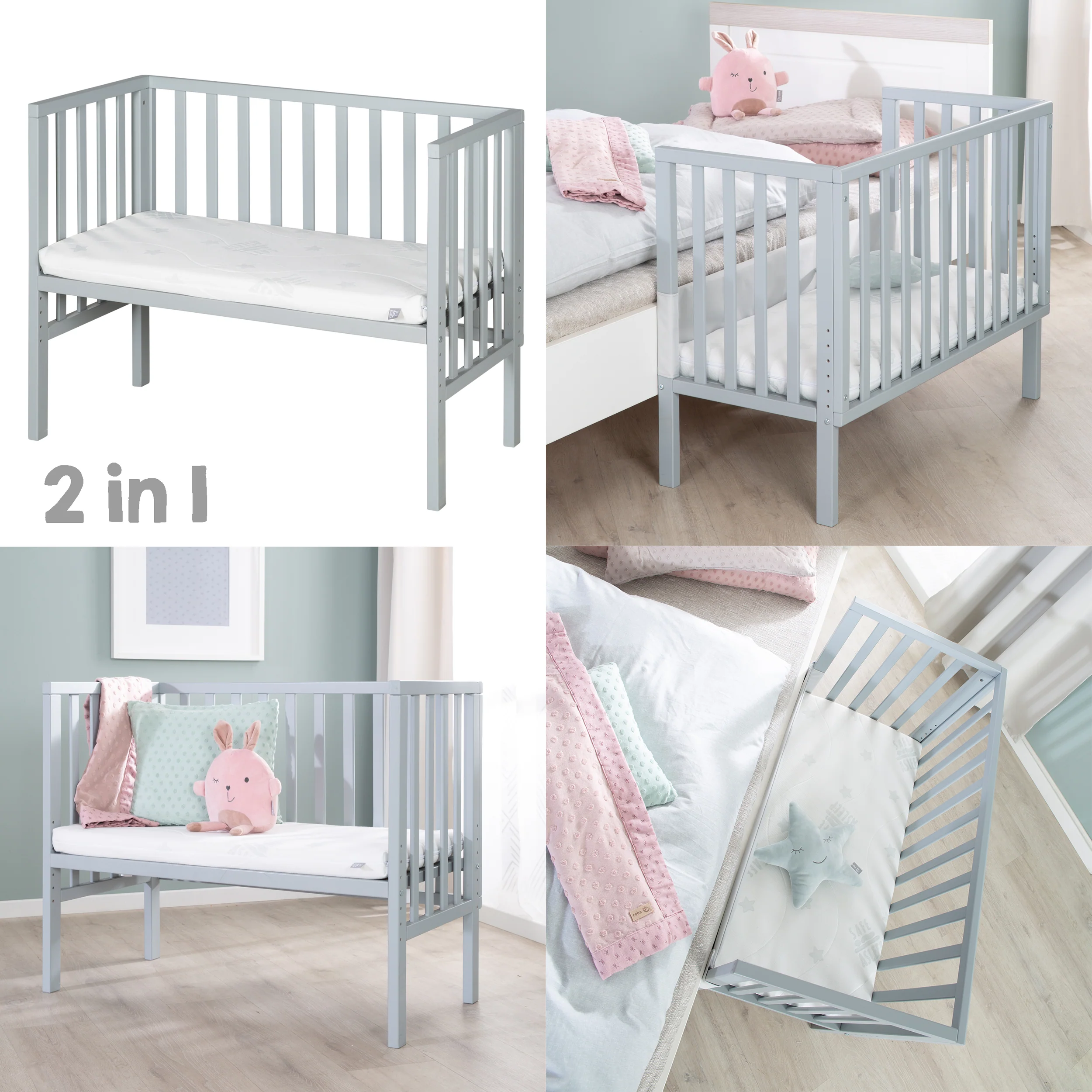 Beistellbett 2in1 'safe asleep®' mit Barriere & Matratze - für alle Elternbetthöhen - Holz taupe - Image 2