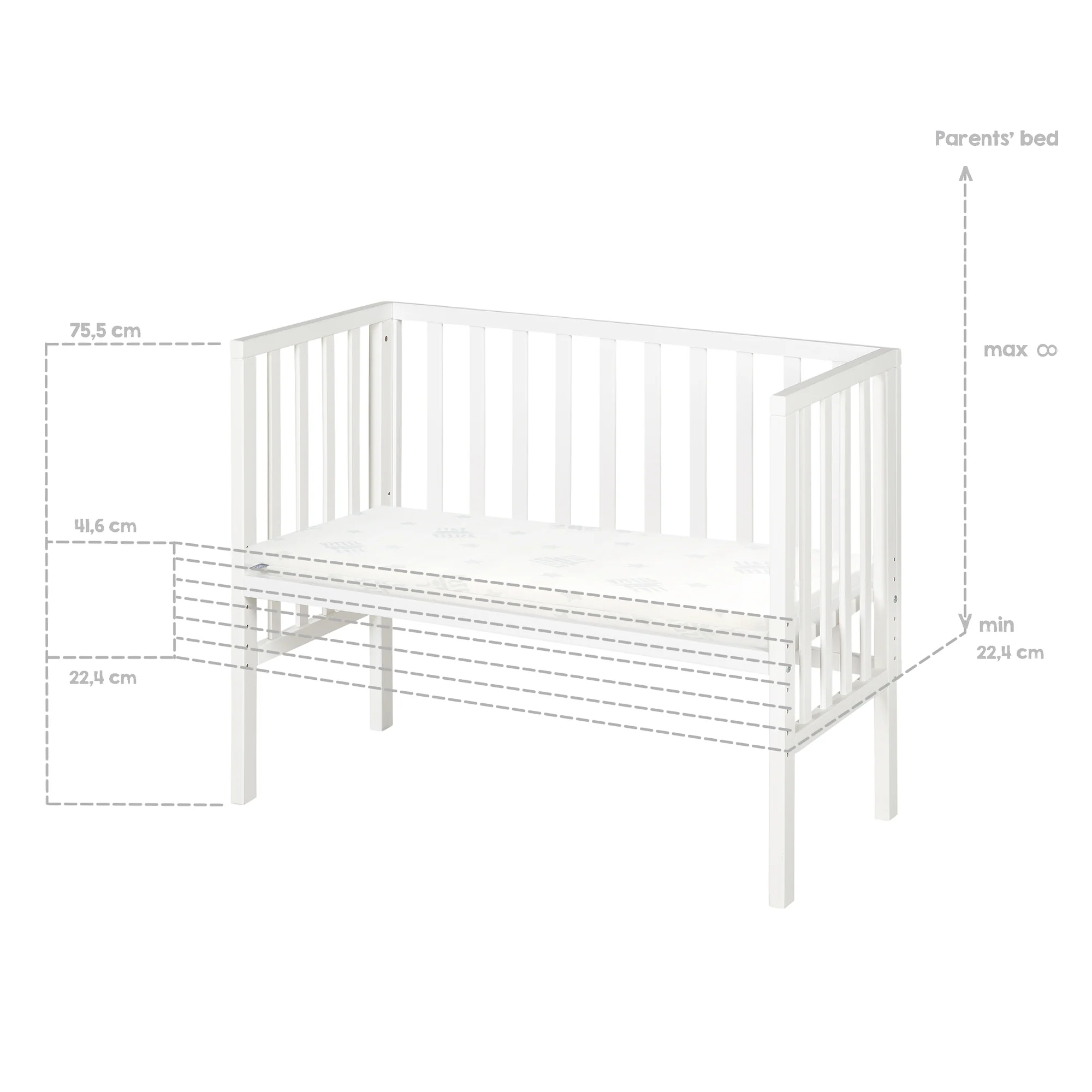 Beistellbett 2 in 1 safe asleep® 45 x 90 cm mit Matratze + Canvas Barriere - Holz weiß - Image 8