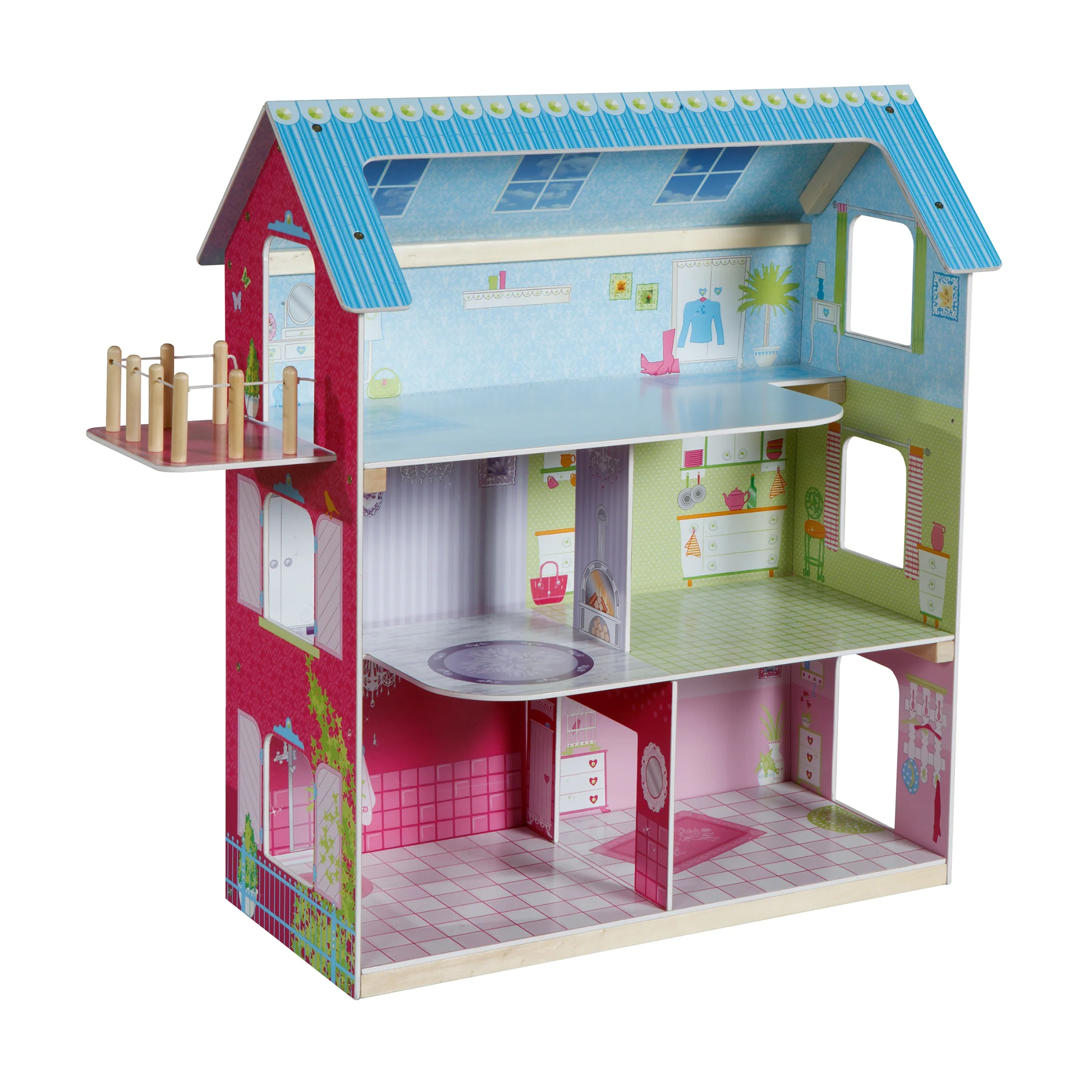 Puppenhaus inkl. 16 Puppenmöbel - Liebevoll bedrucktes Spielzeug - Rosa / Blau - Image 6
