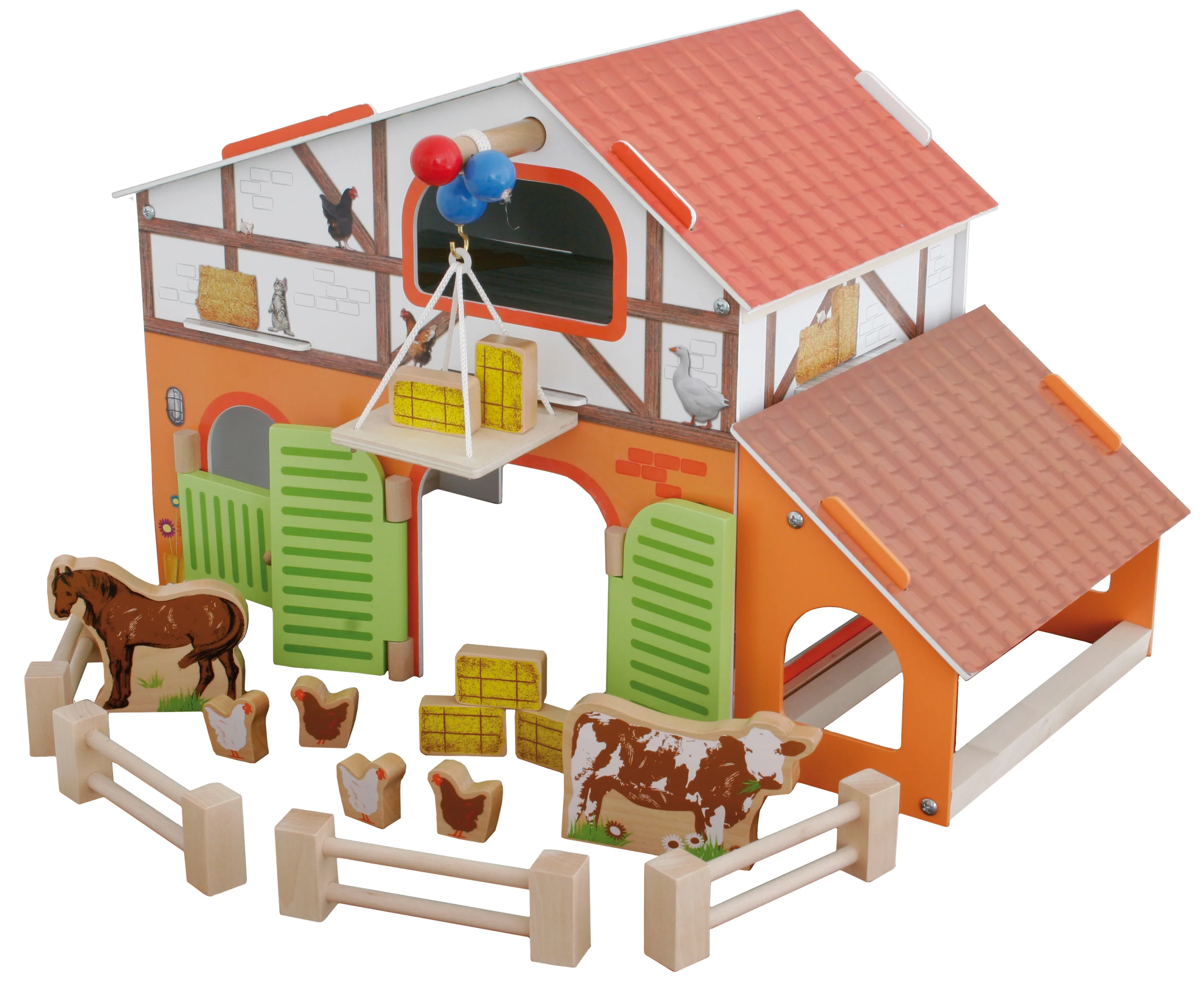 Bauernhof 'Farm', bedrucktes Holzspielzeug, Set mit Scheune, Stall, Heuboden, Zaun & 6 Bauernhoftieren, steckbar - Image 8