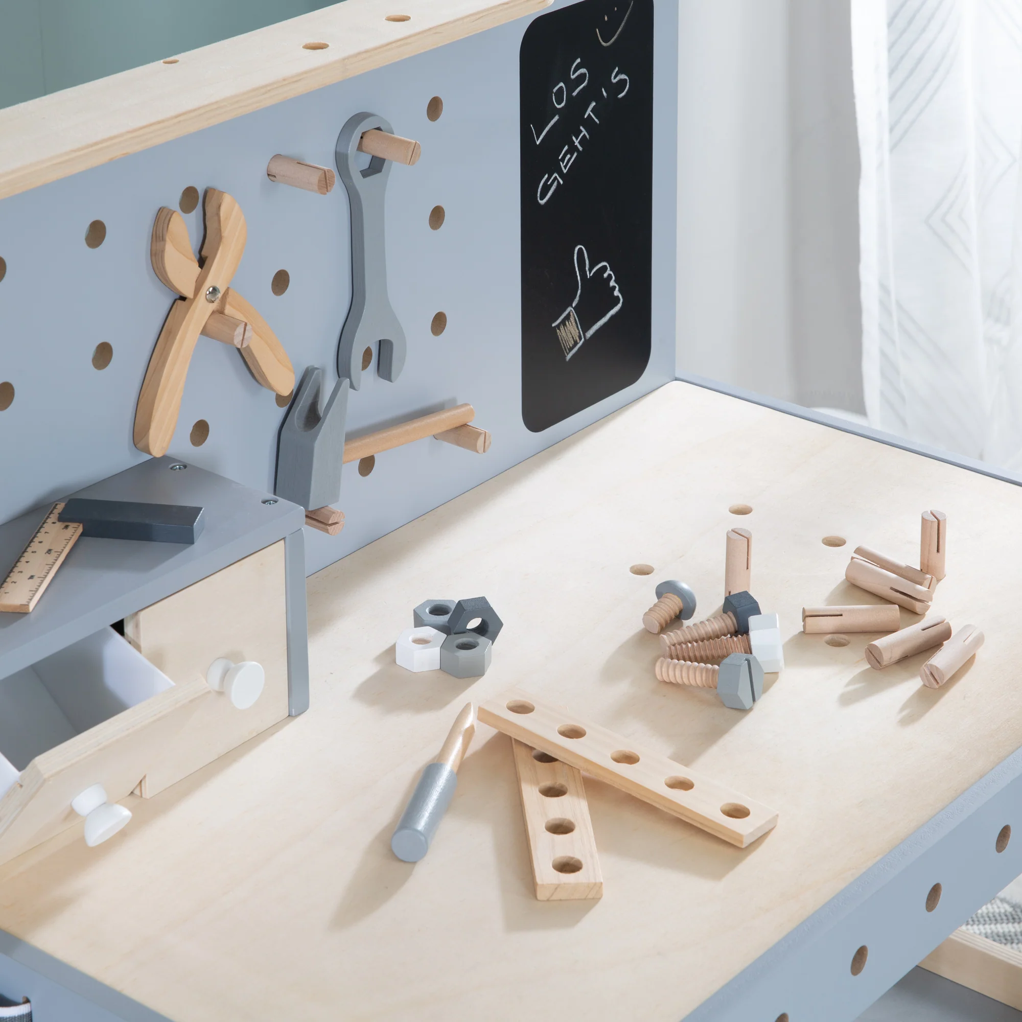 Werkbank, Holzwerkbank, Werkzeug-Set, große Arbeitsplatte, Ablage, 3 Schubfächer, mitwachsend - Image 5