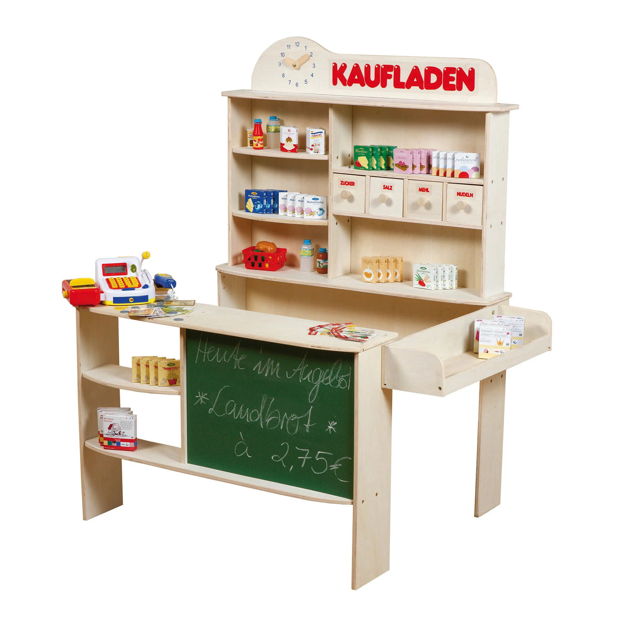Kaufladen, Holz natur, Verkaufsstand mit 4 Schubladen, Uhr, Tafel, Theke & Seitentheke - Image 3