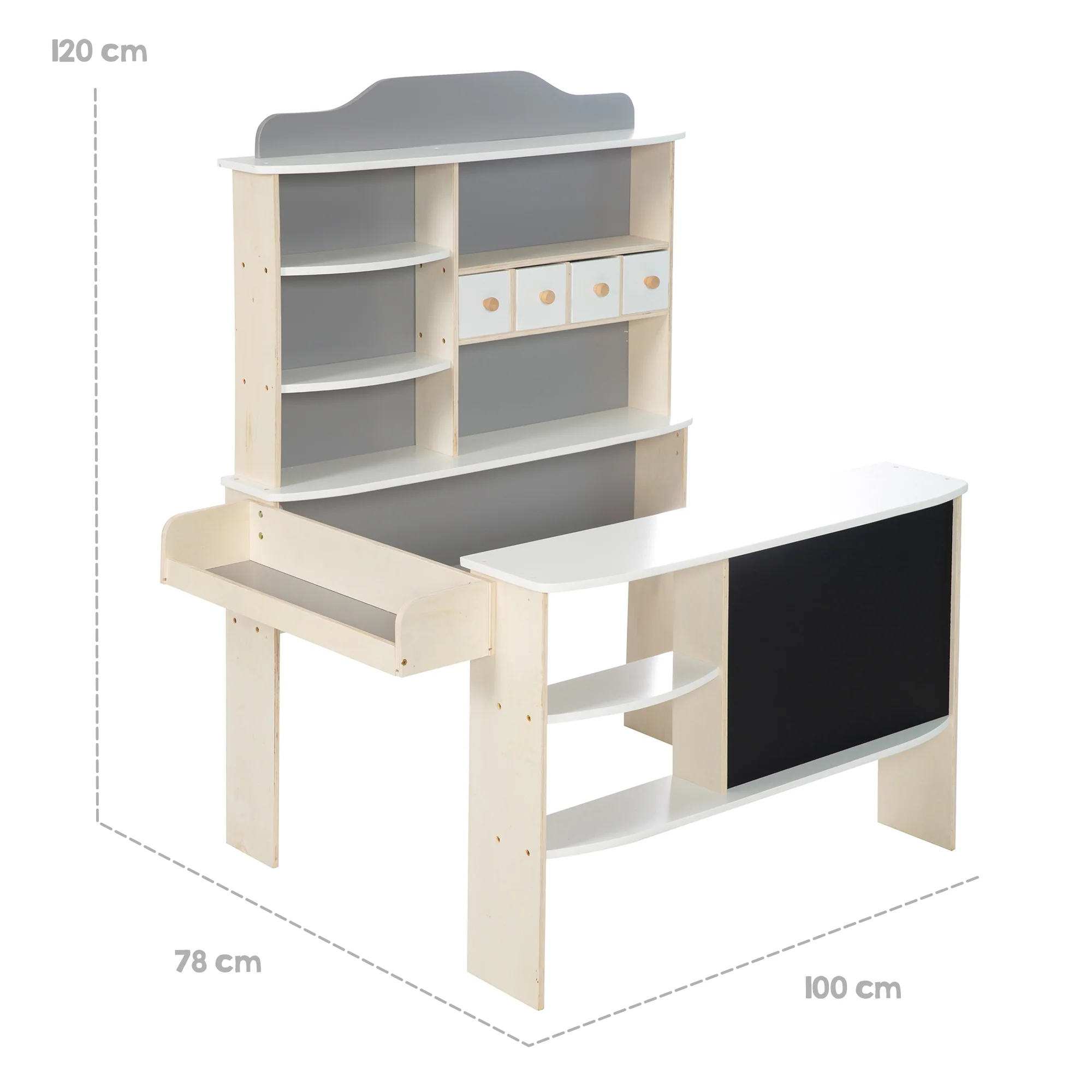 Kaufladen, Holz natur, weiß/grau lackiert, 4 Schubladen, Tafel, Theke & Seitentheke - Image 3