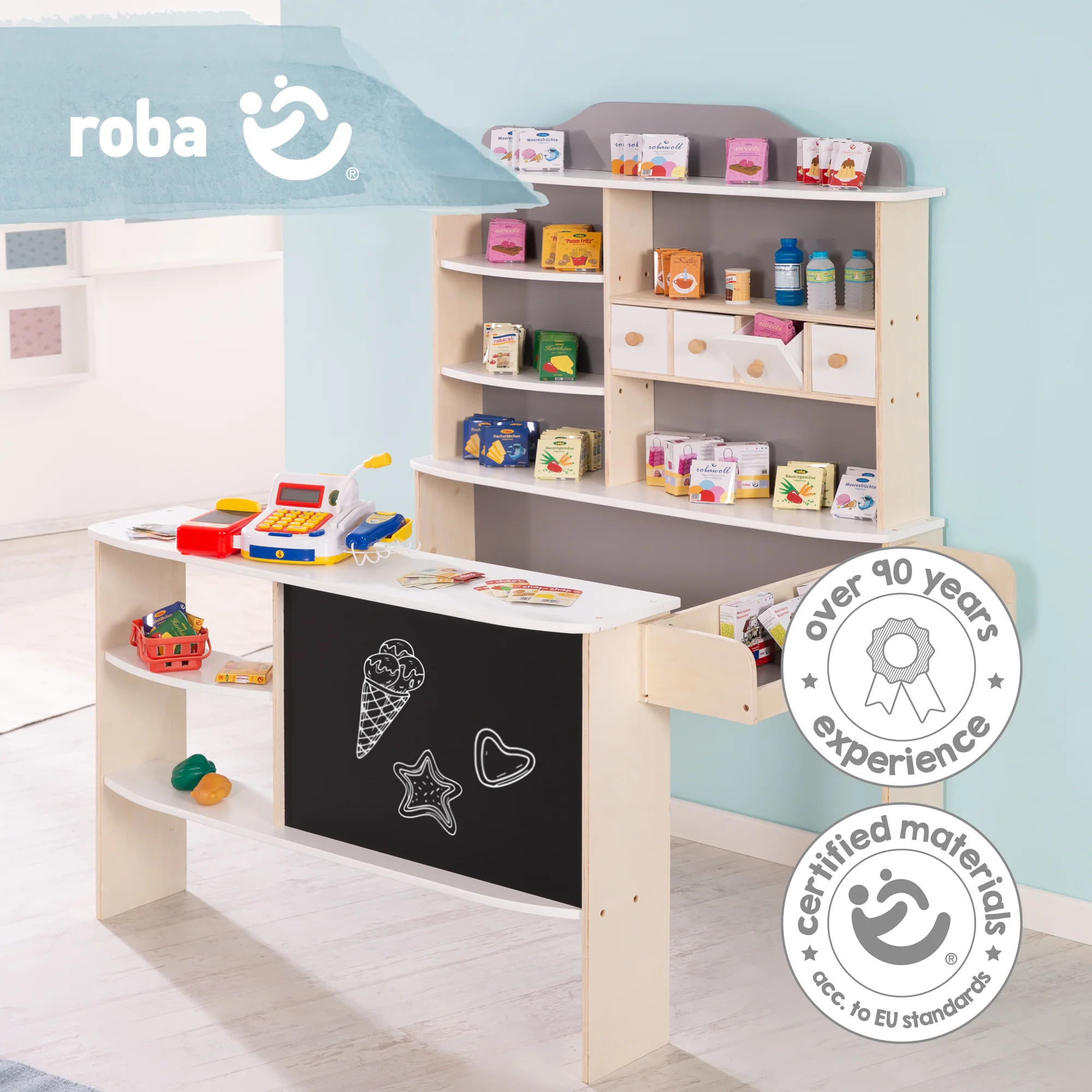 Kaufladen, inkl. Zubehör, natur, weiß/grau, 4 Schubladen, Uhr, Tafel, Theke & Seitentheke - Image 3